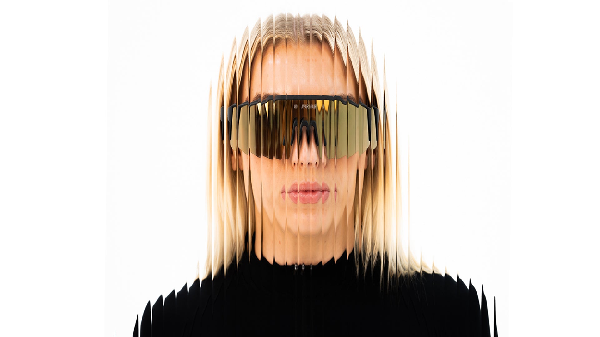 Girl wearing the A'PAIR concorde sunglasses behind fluted glass